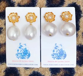 Jumbo Floral Post Cotton Pearl Statement Earrings - 2 Styles