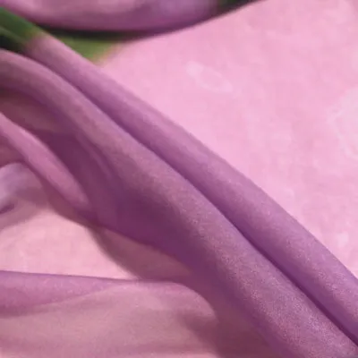< Limited Edition > Silk Chiffon Scarf with Purple & Olive Print "Ce Soir" / 53x53cm / Made in Japan
