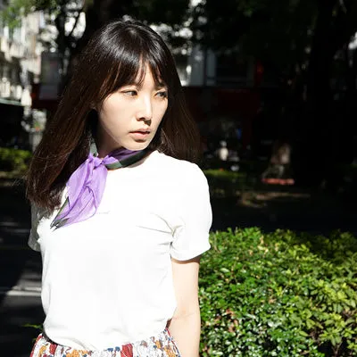 < Limited Edition > Silk Chiffon Scarf with Purple & Olive Print "Ce Soir" / 53x53cm / Made in Japan