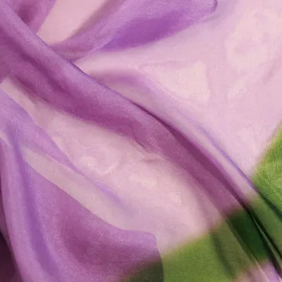 < Limited Edition > Silk Chiffon Scarf with Purple & Olive Print "Ce Soir" / 53x53cm / Made in Japan