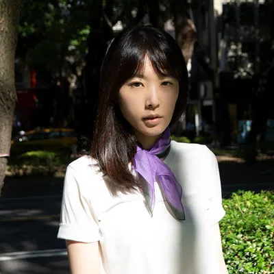 < Limited Edition > Silk Chiffon Scarf with Purple & Olive Print "Ce Soir" / 53x53cm / Made in Japan