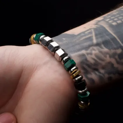 Men's 8mm Mokume Gane, Malachite and Onyx Beads Bushido Virtue Bracelet, 8.50"