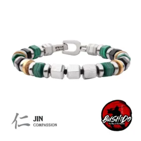 Men's 8mm Mokume Gane, Malachite and Onyx Beads Bushido Virtue Bracelet, 8.50"