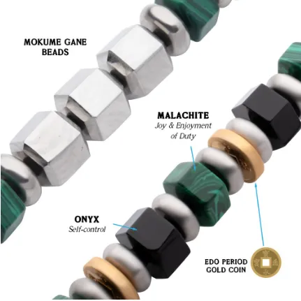 Men's 8mm Mokume Gane, Malachite and Onyx Beads Bushido Virtue Bracelet, 8.50"