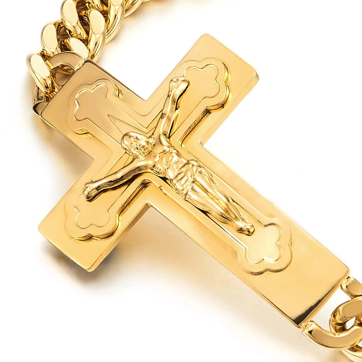 Mens Stainless Steel Jesus Chris Crucifix Cross Bracelet Curb Chain Gold Color Polished