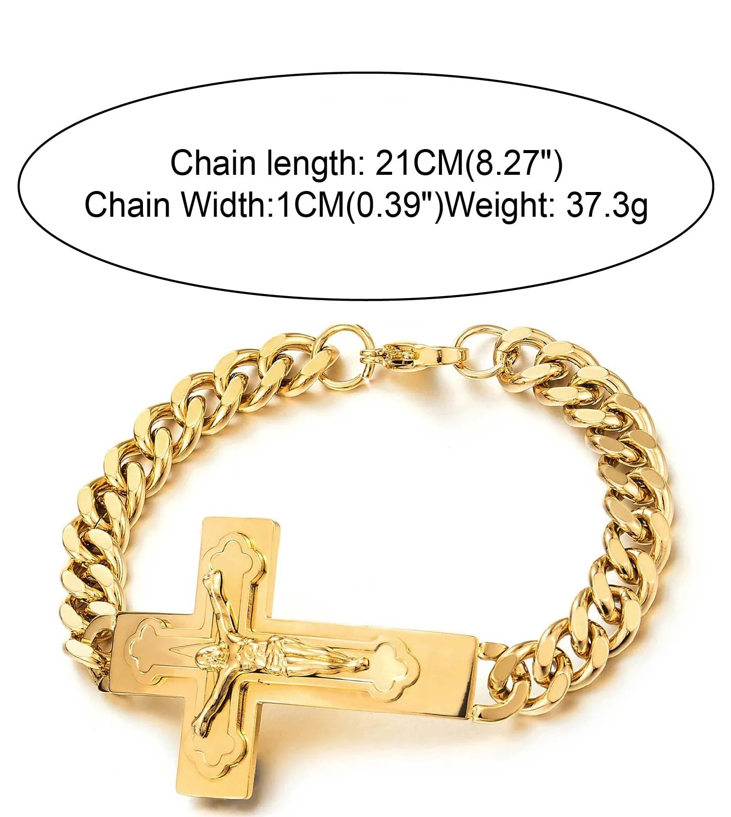 Mens Stainless Steel Jesus Chris Crucifix Cross Bracelet Curb Chain Gold Color Polished