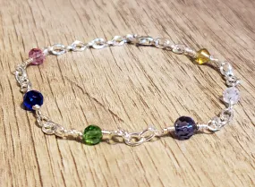 Multi Color 6mm Glass & Non Tarnish Silver Tone Chain Fully Adjustable 8" Bracelet with Lobster Claw Clasp.