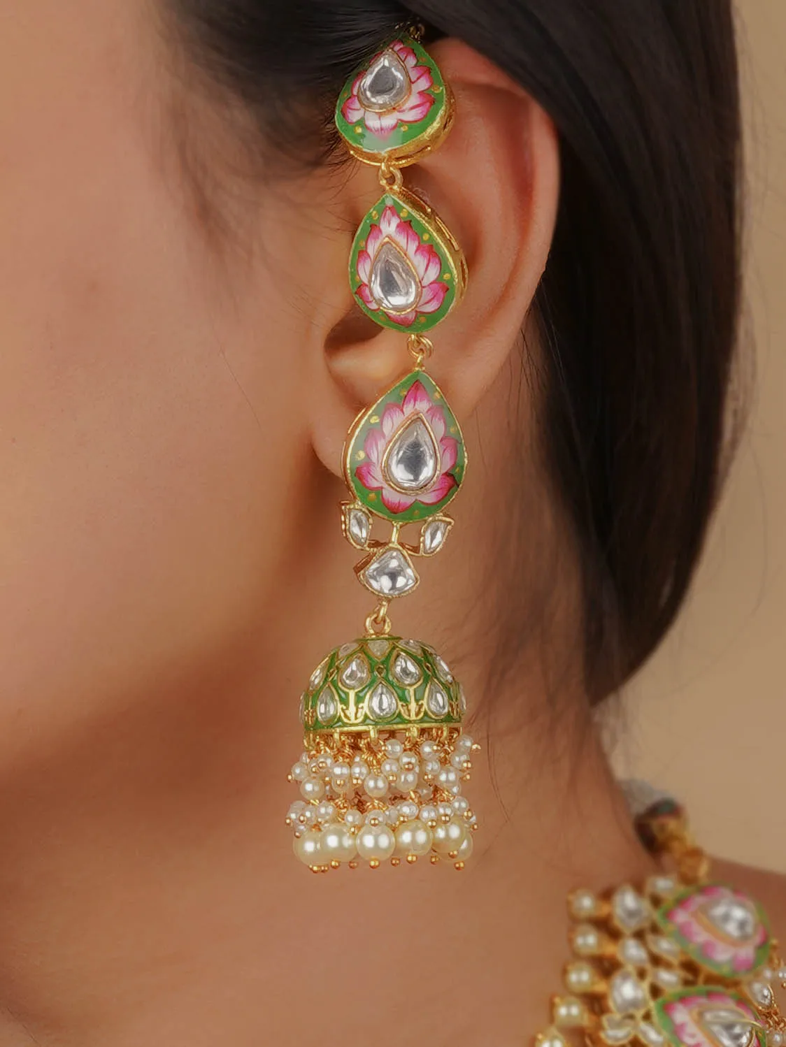 Multicolor Gold Plated Jadau Kundan Necklace Set - MS2094