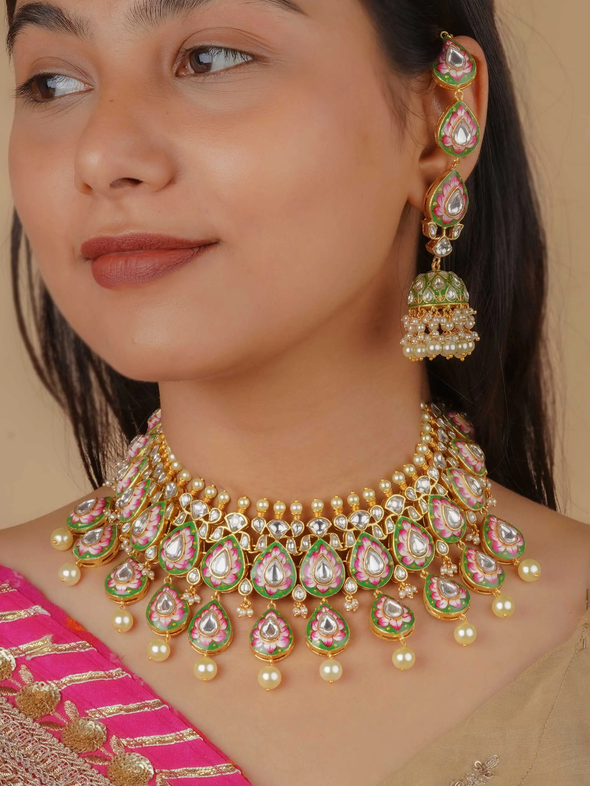 Multicolor Gold Plated Jadau Kundan Necklace Set - MS2094