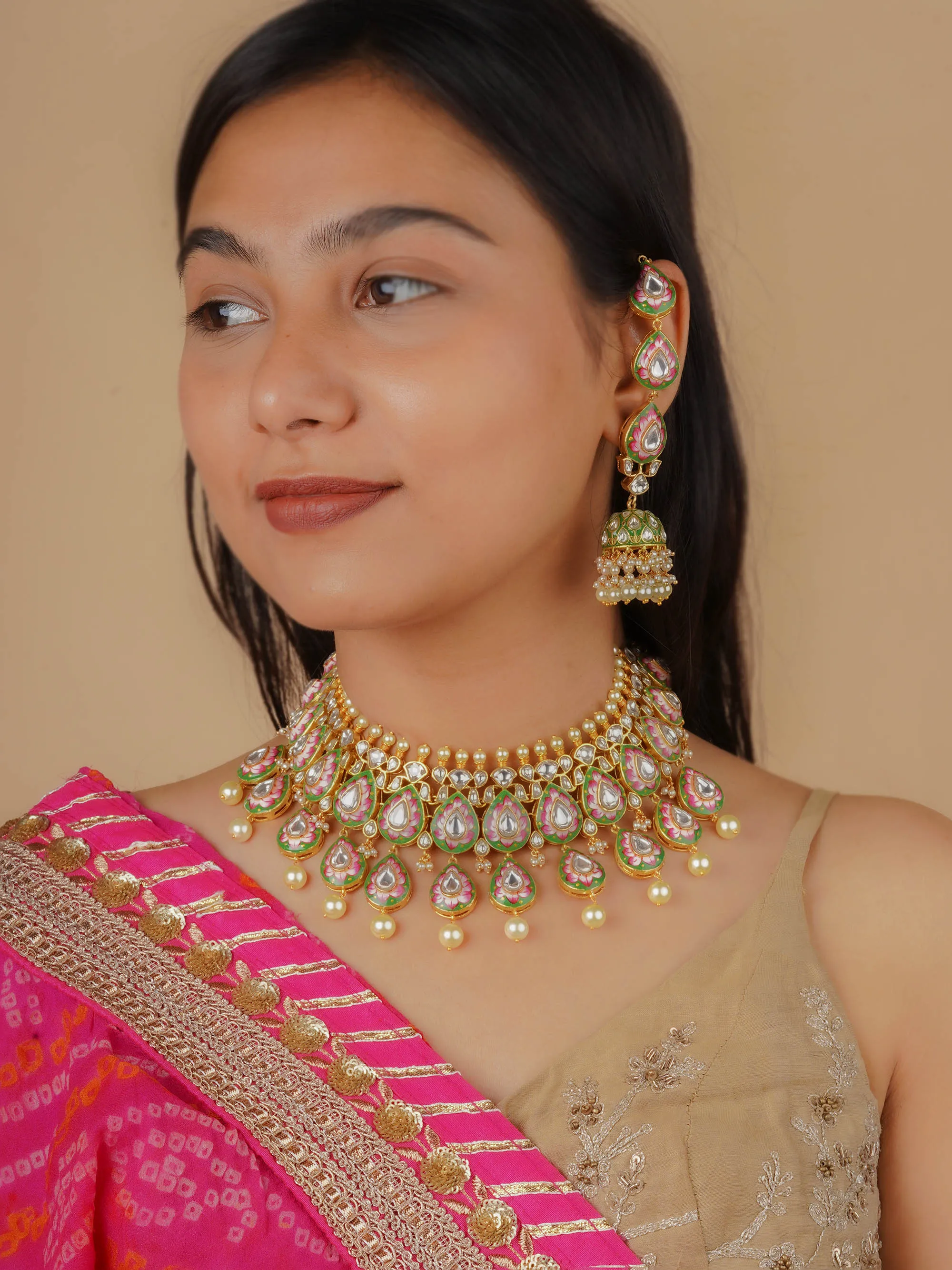 Multicolor Gold Plated Jadau Kundan Necklace Set - MS2094