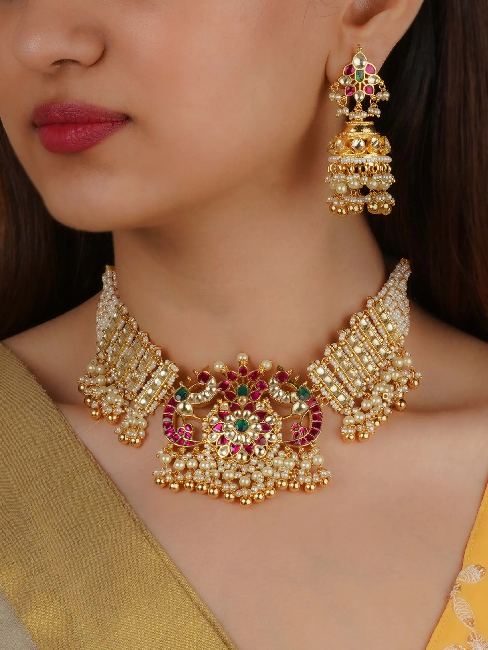 Multicolor Gold Plated Jadau Kundan Necklace Set - MS2248M