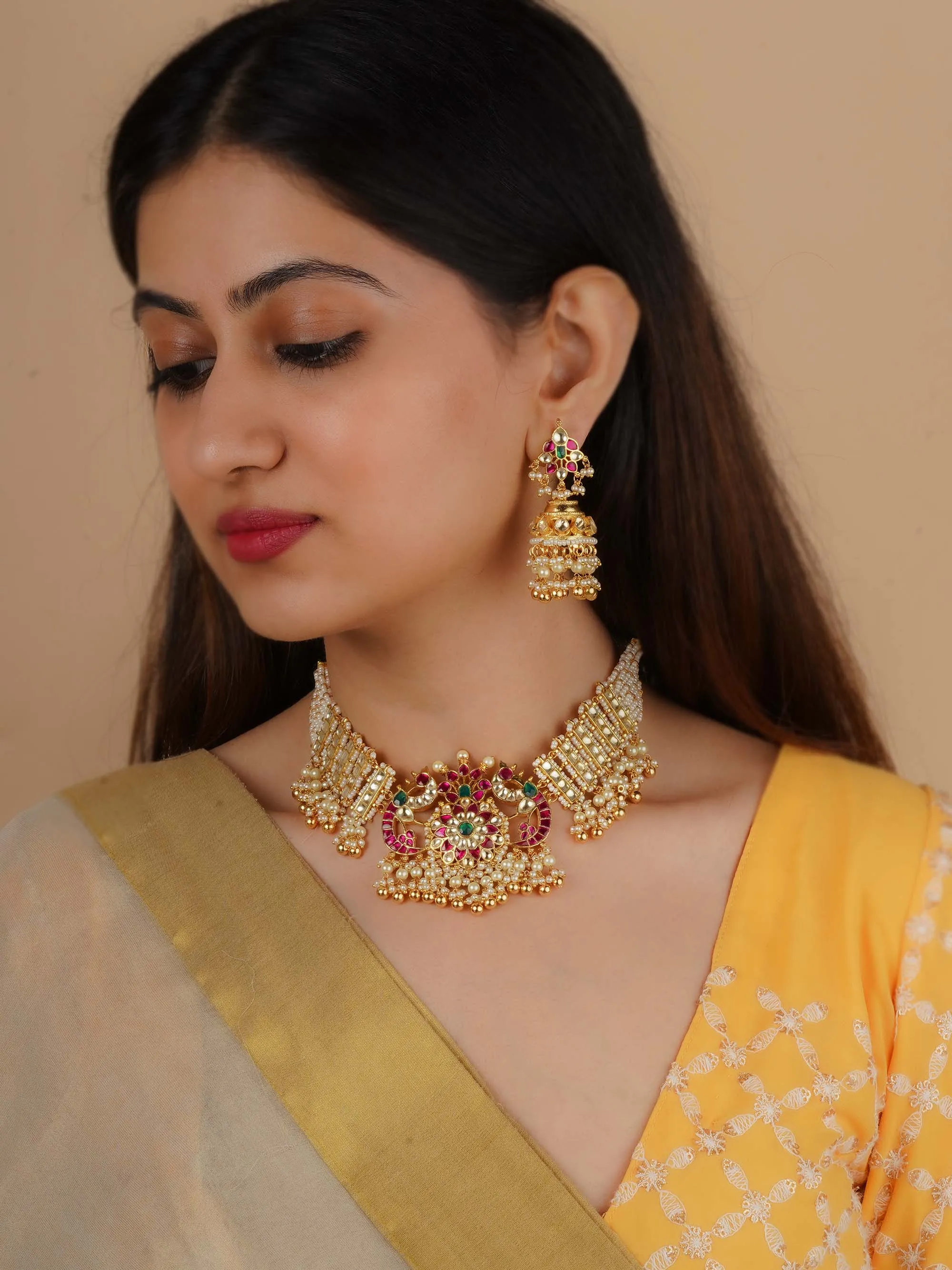 Multicolor Gold Plated Jadau Kundan Necklace Set - MS2248M