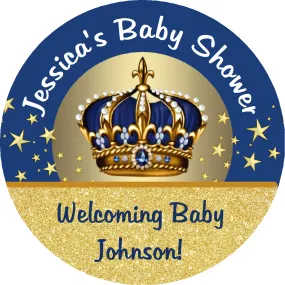 Navy Blue and Gold Royal Prince Crown Personalized Baby Shower Round  Stickers  Supplies Labels