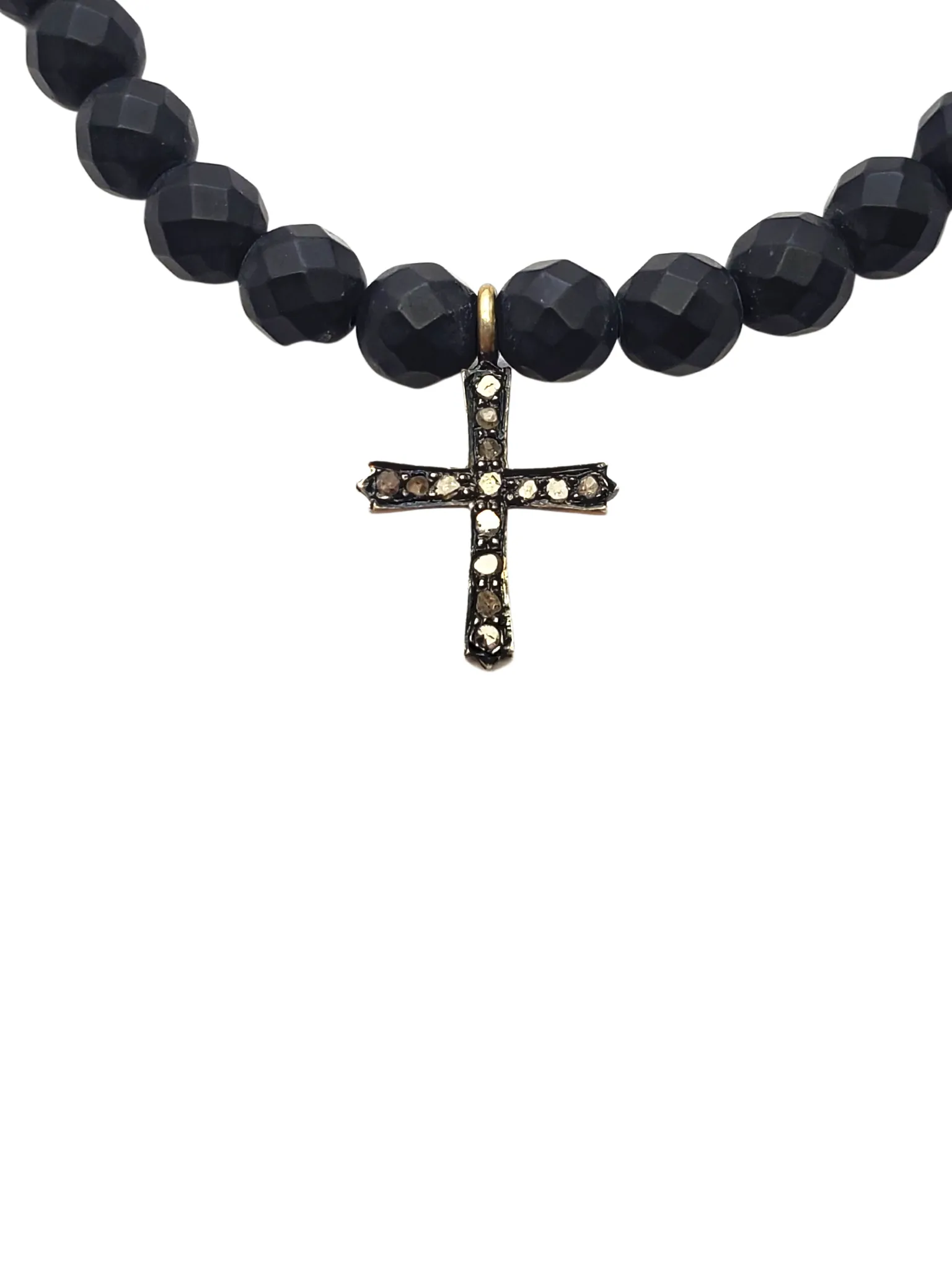 Onyx Bead & Diamond Cross Charm Bracelet