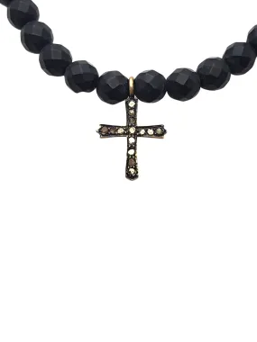 Onyx Bead & Diamond Cross Charm Bracelet