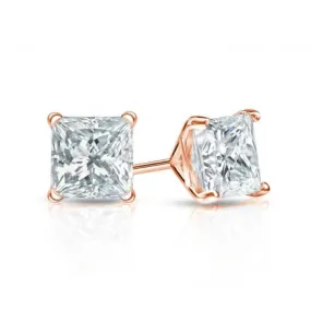 Paris Jewelry 14K Rose Gold 1/2 Carat Princess Created Diamond Solitaire Stud Earrings