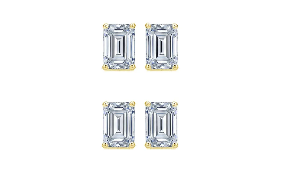 Paris jewelry 14k Yellow Gold 4mm 2Ct Emerald Cut White Sapphire Set Of Two Stud Earrings Plated