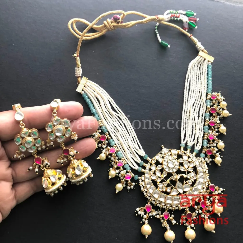 Pearl Choker with Blue Beads/ Ruby Emerald Kundan Choker