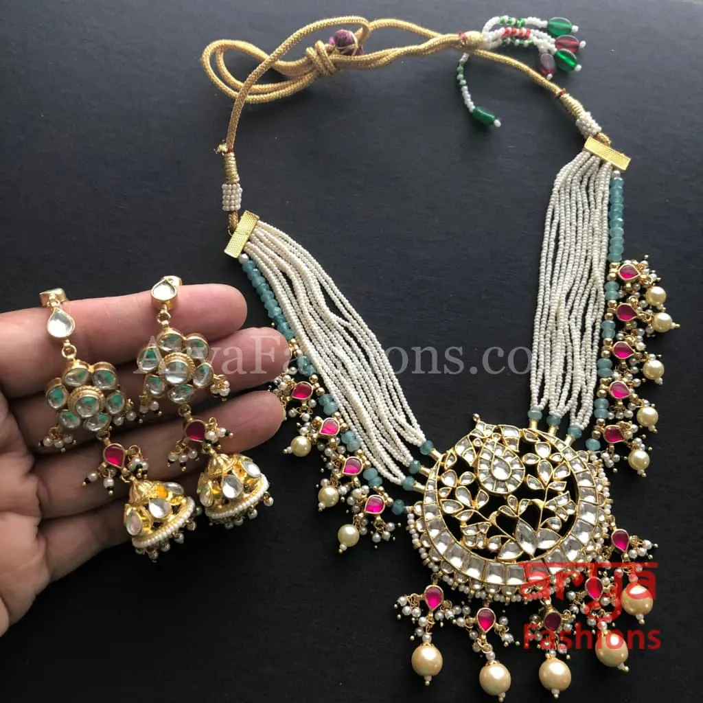 Pearl Choker with Blue Beads/ Ruby Emerald Kundan Choker