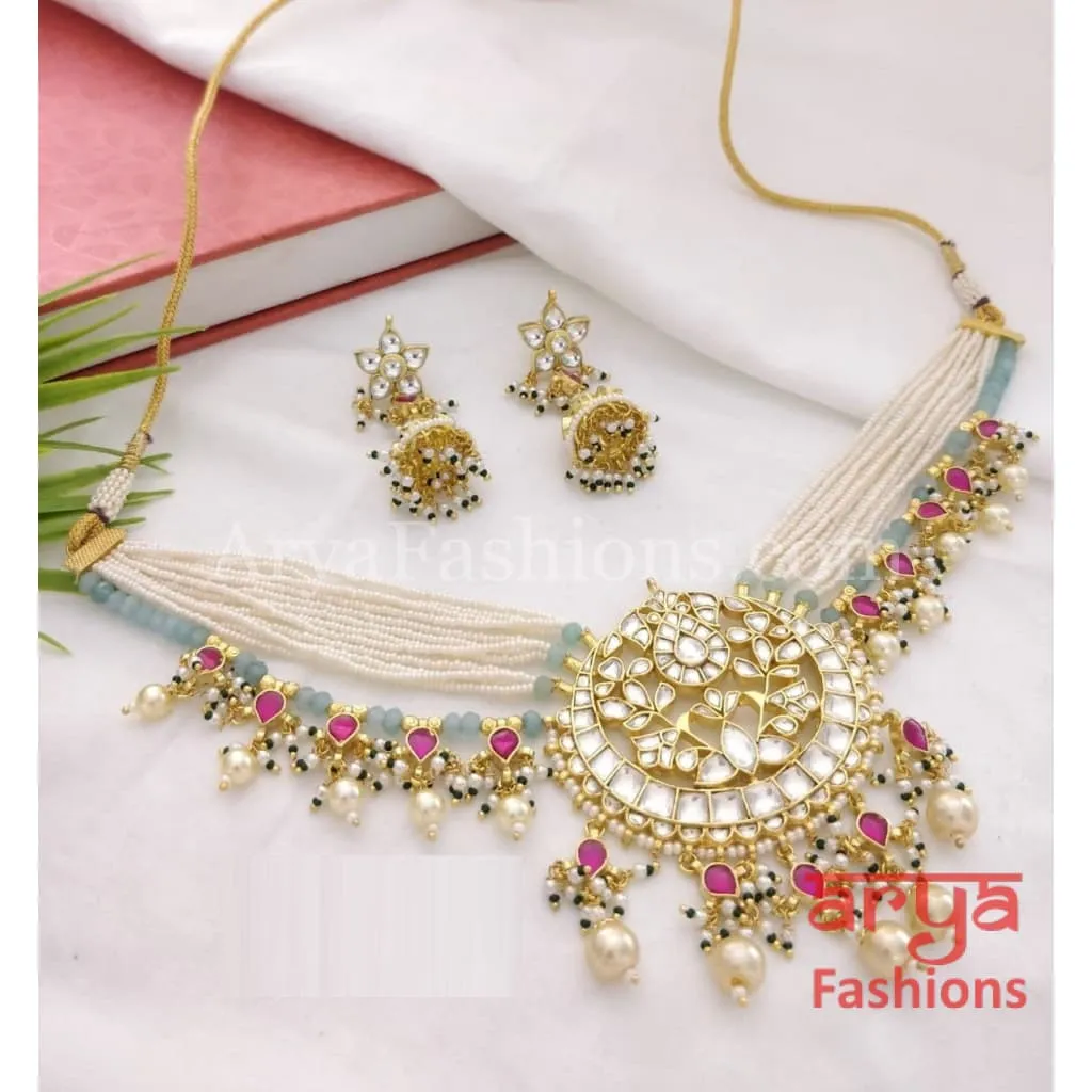 Pearl Choker with Blue Beads/ Ruby Emerald Kundan Choker