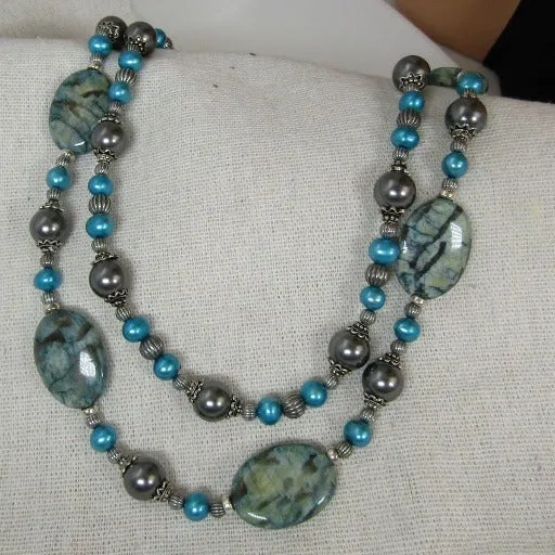 Pearls and Gemstone Bead Necklace & Earrings