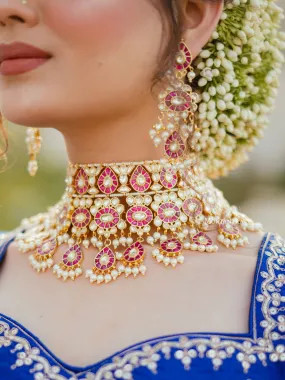 Pink Color Gold Plated Jadau Kundan Bridal Necklace Set - MS1557YP