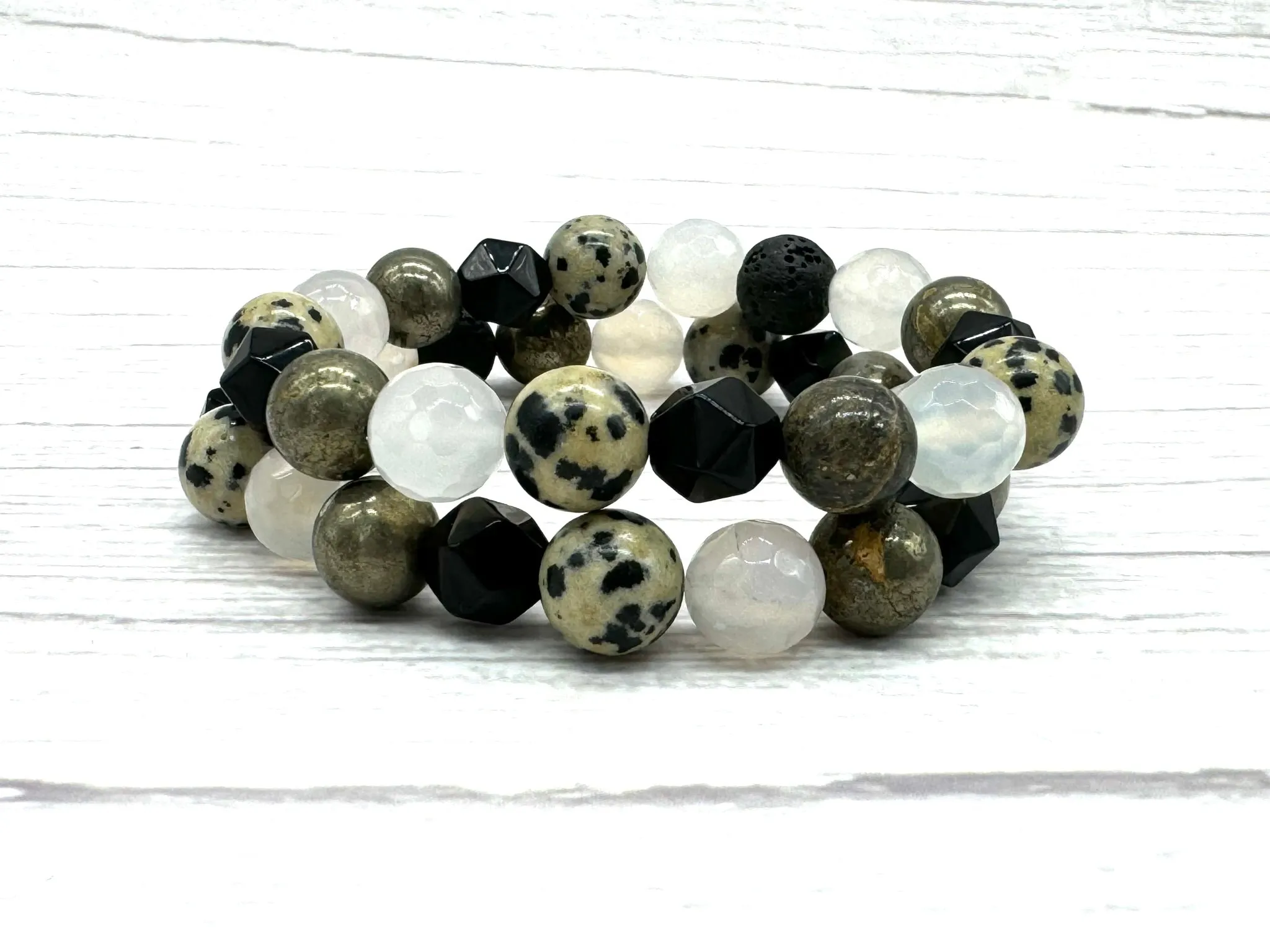 Pyrite and Onyx Large Beaded Crystal Bracelet