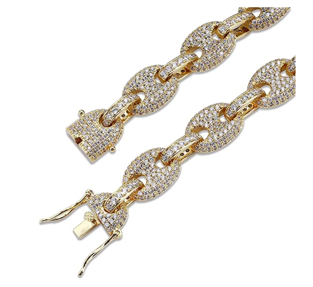 Rainbow Mariner Link Bracelet Hip Hop Gold Silver Color Bracelets Simulated Diamond Puff Link Anchor Bracelet