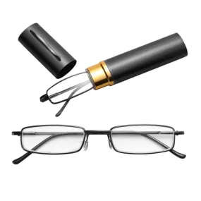 Reading Glasses Metal Spring Foot Portable Presbyopic Glasses with Tube Case  2.50D(Black)