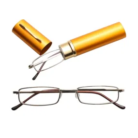 Reading Glasses Metal Spring Foot Portable Presbyopic Glasses with Tube Case  2.50D(Yellow)
