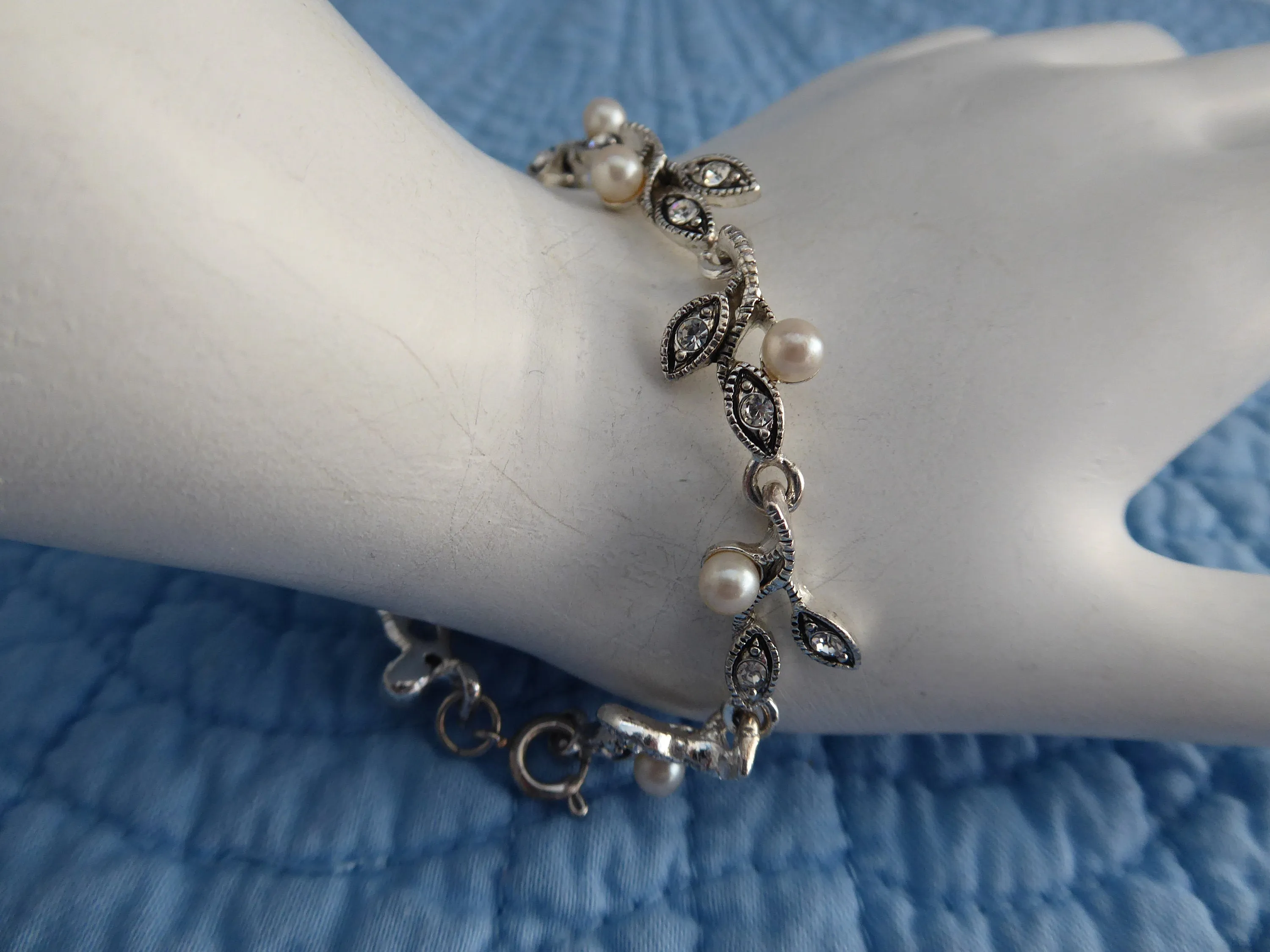 Rhinestone Necklace Bracelet Earrings Set Y Necklace Pearl Drops Leaves Romantic