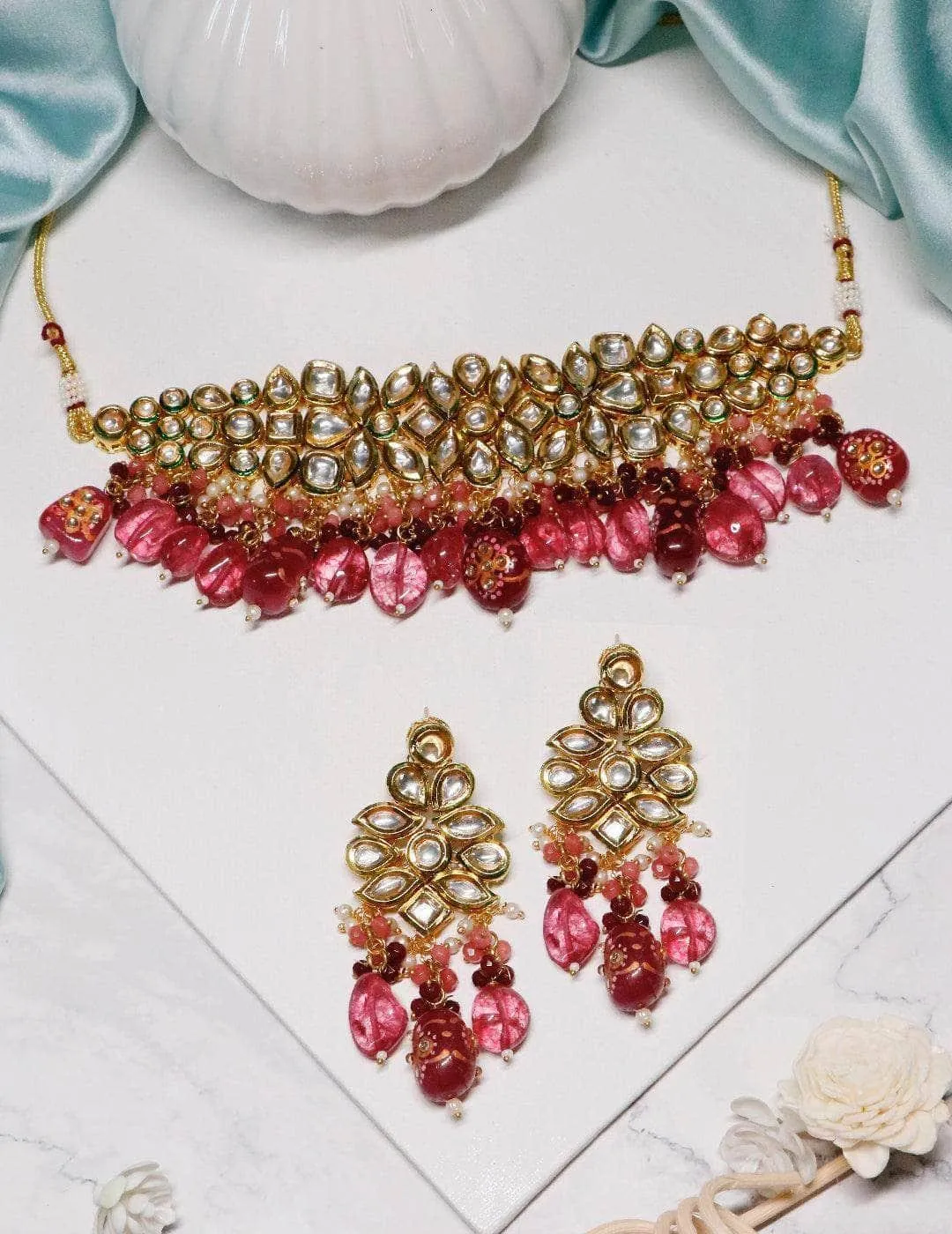 Semi Precious Center Stone Choker And Earring Set