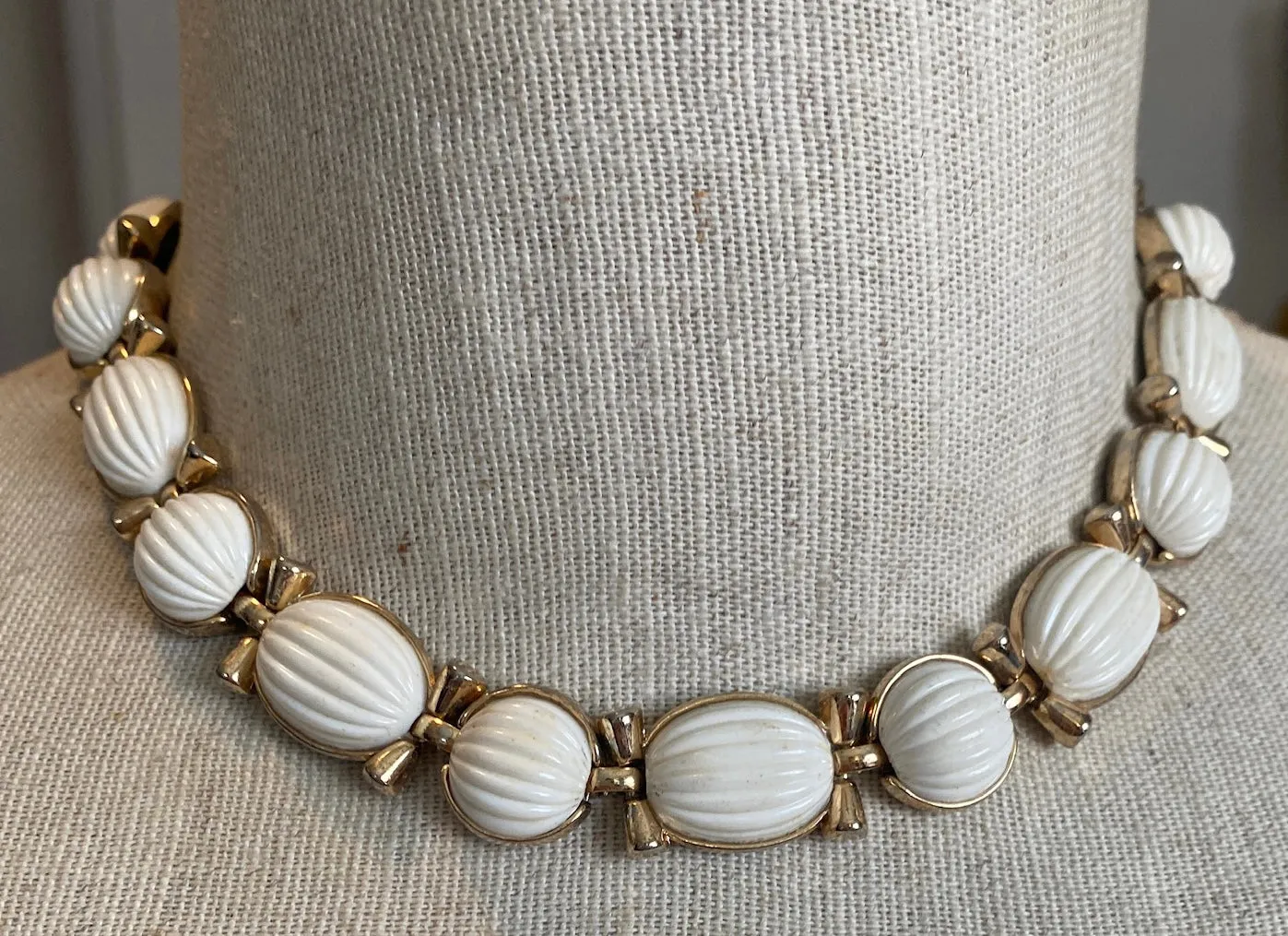 Signed Trifari Vintage Gold Tone Metal Milk Poured Glass Style Collar Necklace