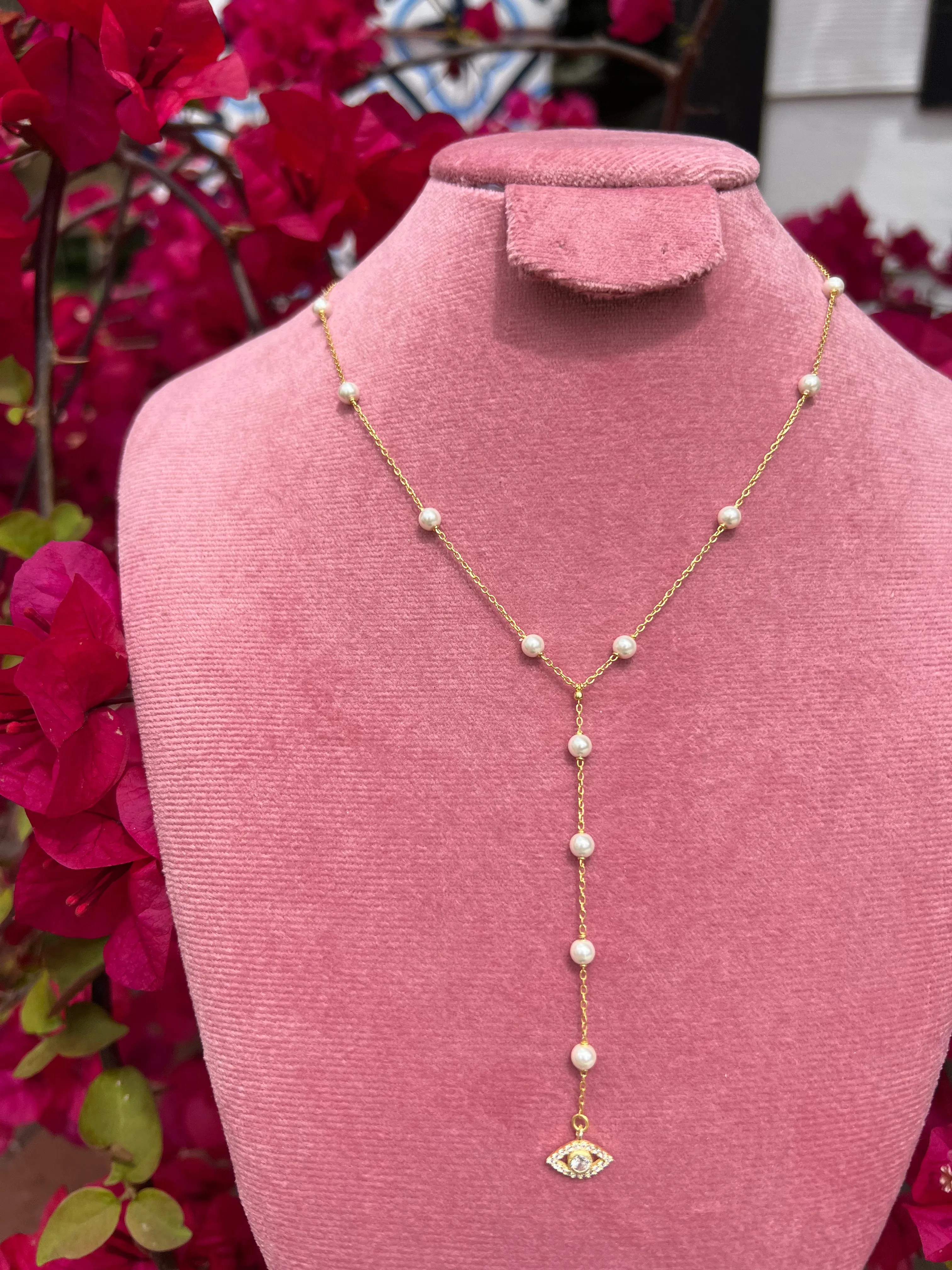 Silver 18kt gold plated pearl necklace lariat with cz pave diamond eye pendant