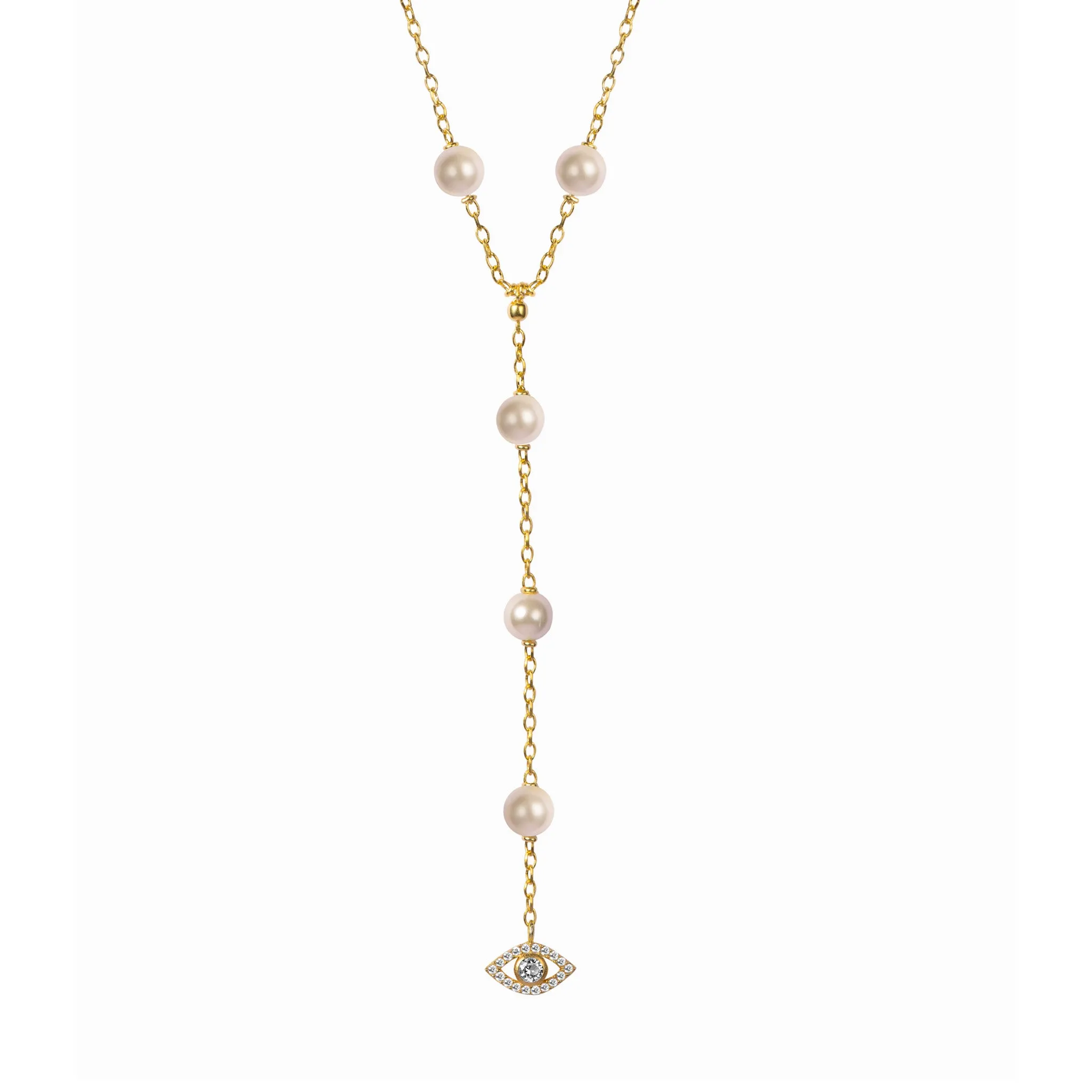 Silver 18kt gold plated pearl necklace lariat with cz pave diamond eye pendant