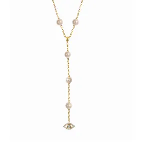Silver 18kt gold plated pearl necklace lariat with cz pave diamond eye pendant