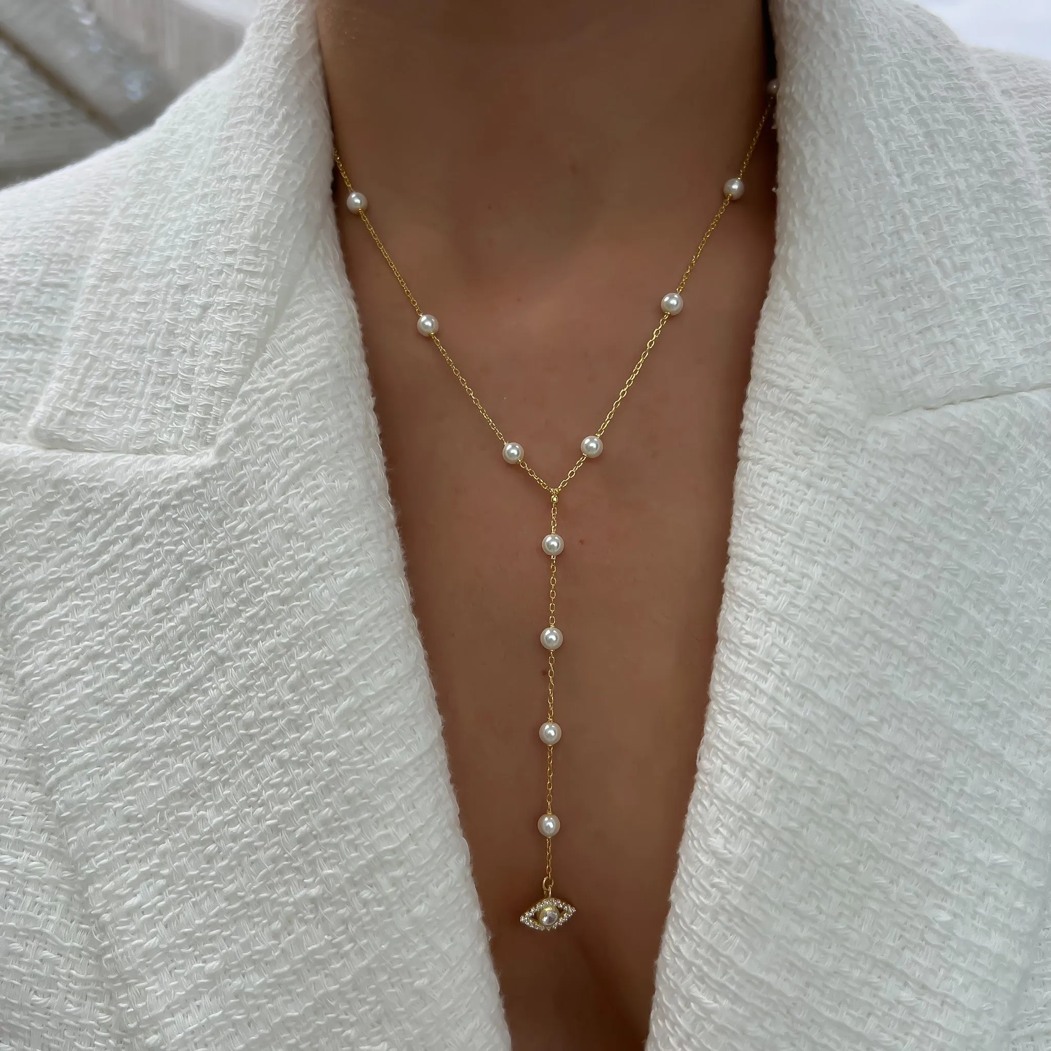 Silver 18kt gold plated pearl necklace lariat with cz pave diamond eye pendant