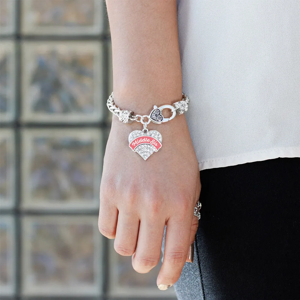 Silver Coral Middle Sister Pave Heart Charm Braided Bracelet