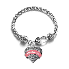 Silver Coral Middle Sister Pave Heart Charm Braided Bracelet