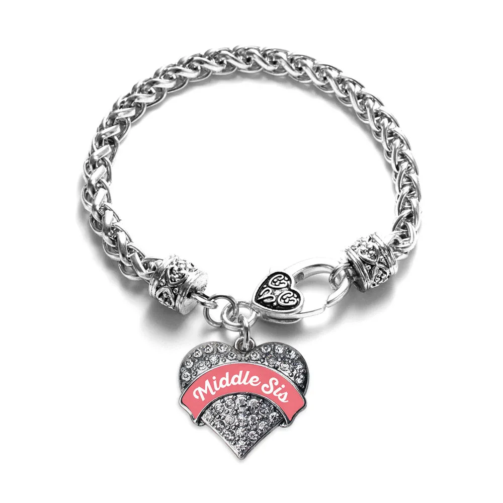 Silver Coral Middle Sister Pave Heart Charm Braided Bracelet