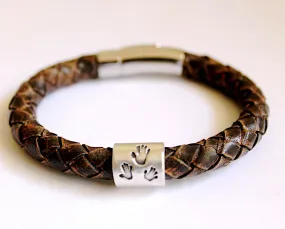 Silver Hand Print Handprint Silver Footprint Bead Mens Leather Personalised Bracelet Womens Bracelet Footprint Charm Silver Hand Print Charm
