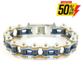 SK1327 3/4" Wide Quad Color Silver Grey Blue Black Leather Double Link Design Men's Stainless Steel Motorcycle Chain Bracelet