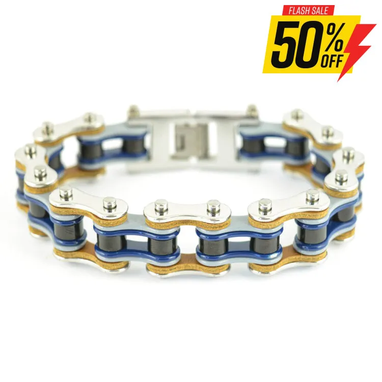 SK1327 3/4" Wide Quad Color Silver Grey Blue Black Leather Double Link Design Men's Stainless Steel Motorcycle Chain Bracelet