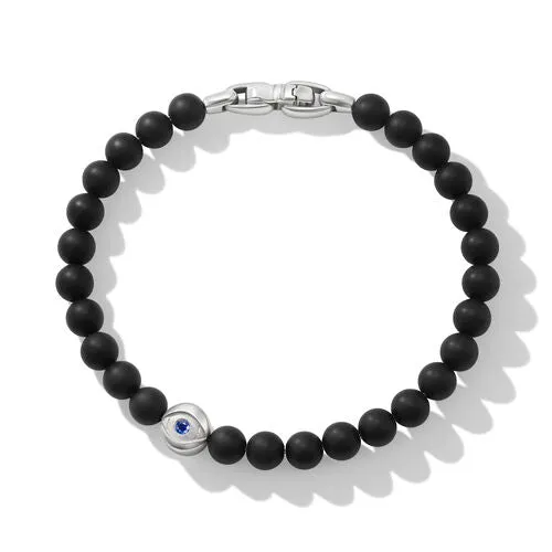 Spiritual Beads Evil Eye Bracelet in Sterling Silver with Black Onyx and Sapphire, Size Medium