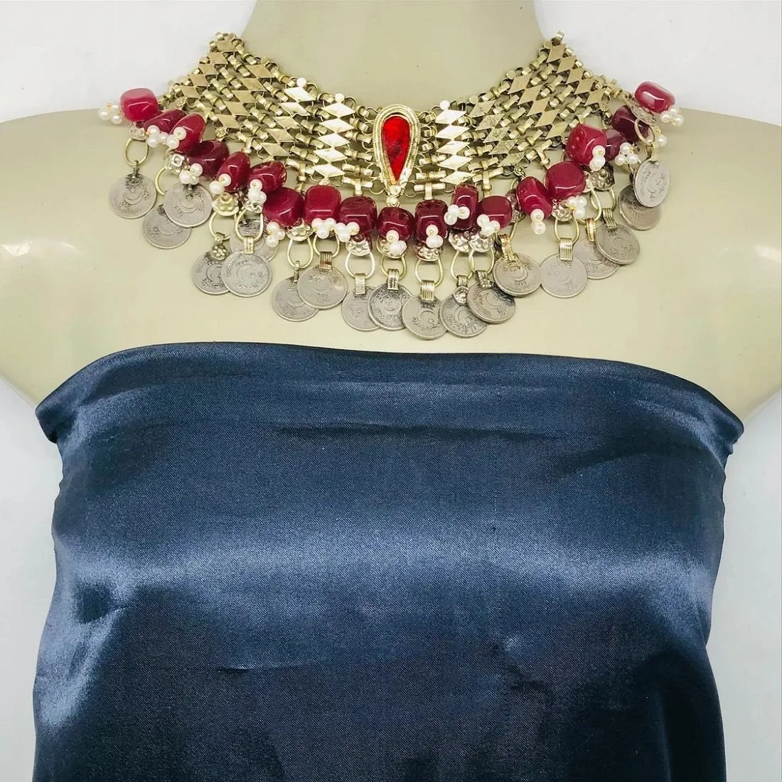 Statement Red Stone and Beads Coins Choker Necklace