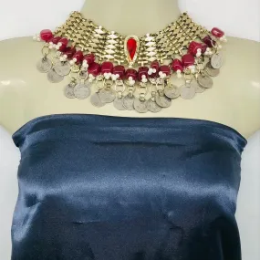 Statement Red Stone and Beads Coins Choker Necklace