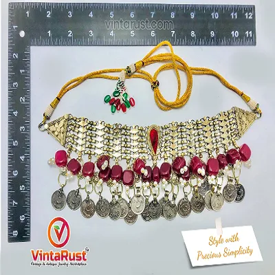 Statement Red Stone and Beads Coins Choker Necklace