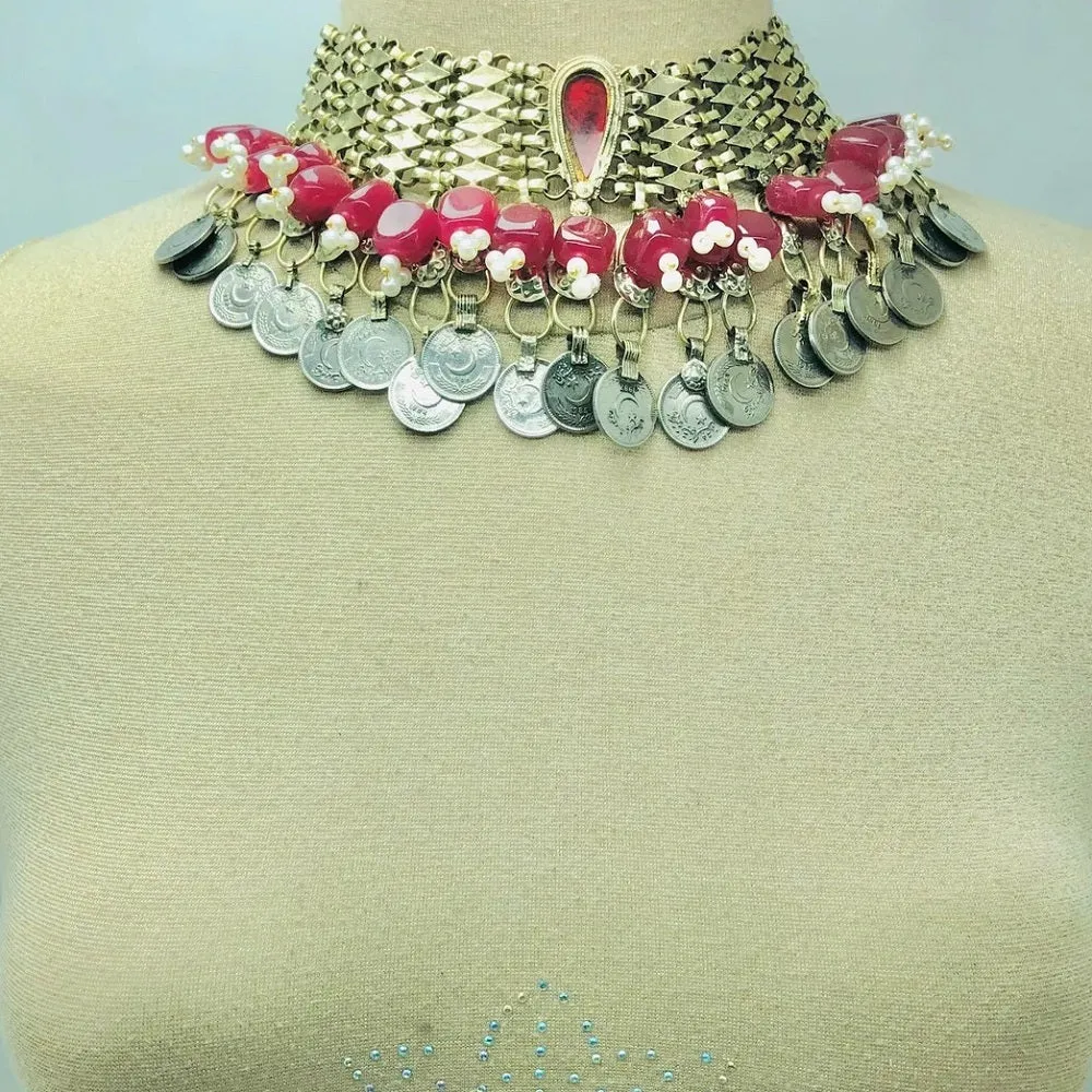Statement Red Stone and Beads Coins Choker Necklace