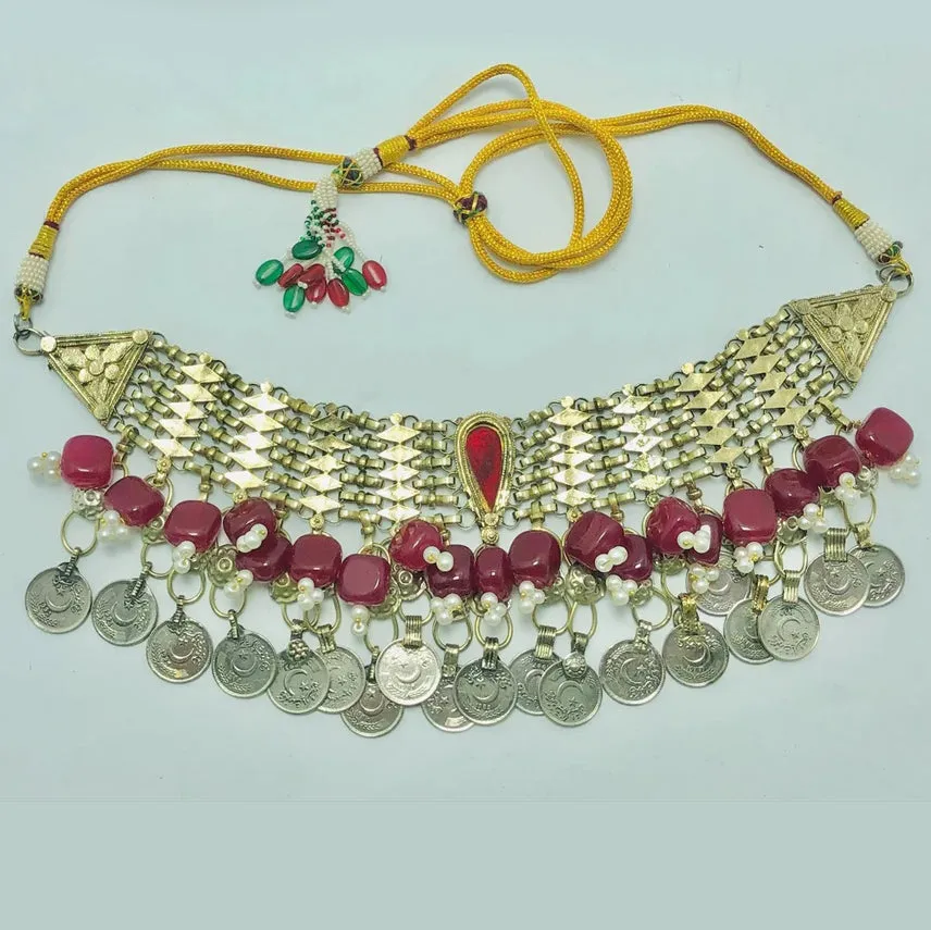 Statement Red Stone and Beads Coins Choker Necklace
