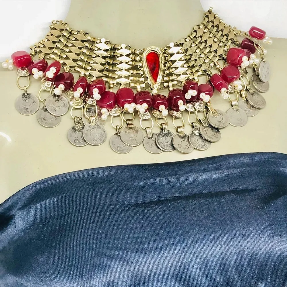 Statement Red Stone and Beads Coins Choker Necklace